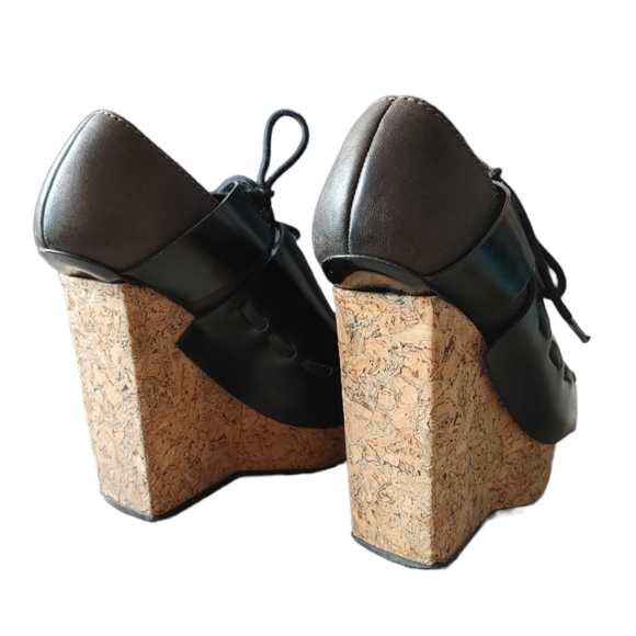 Acne Studios Black Brown Leather Wedge Cork Open Toe Heels - Picture 12 of 17